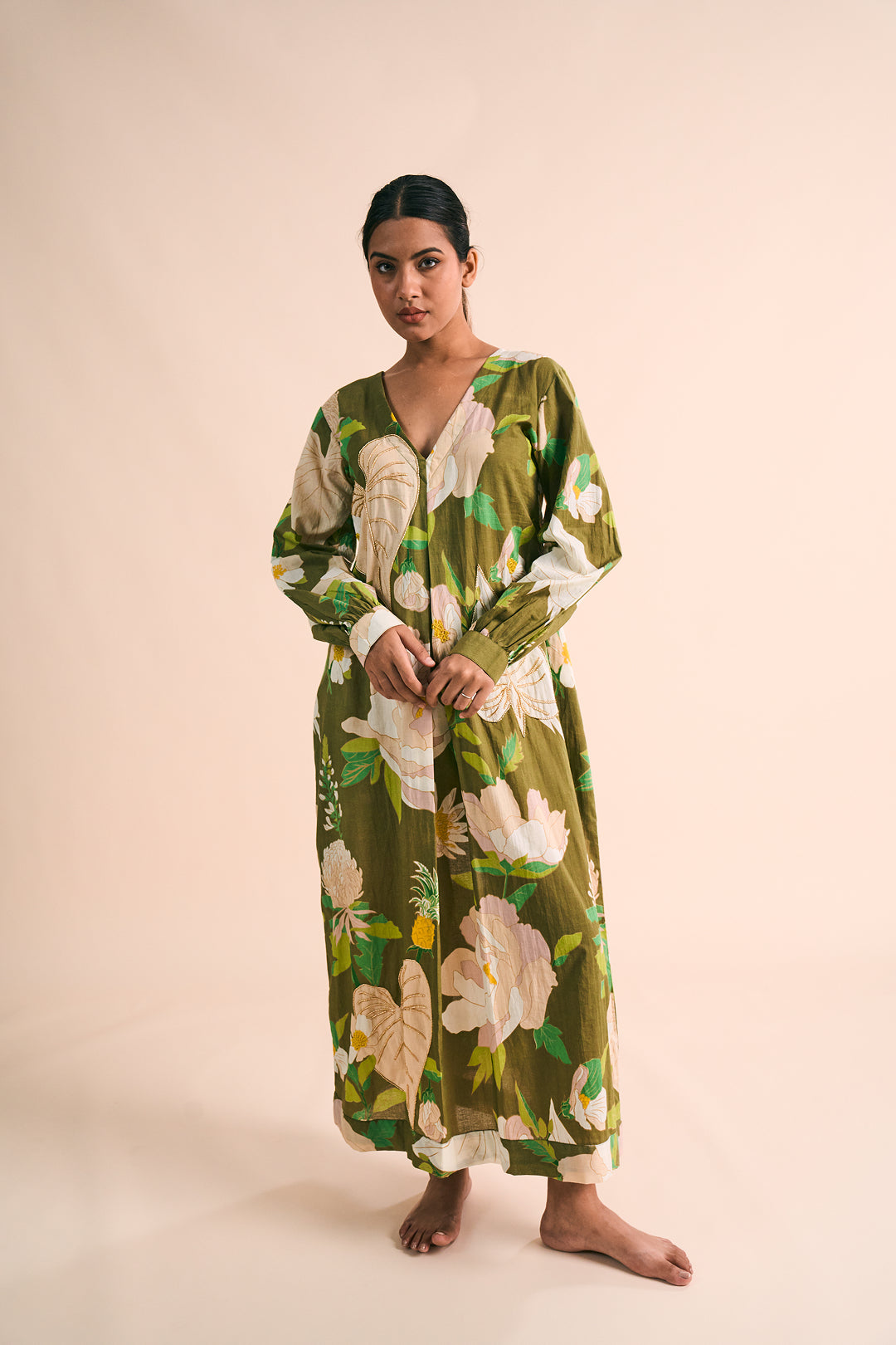 Olive Floral Beaded Maxi Dress