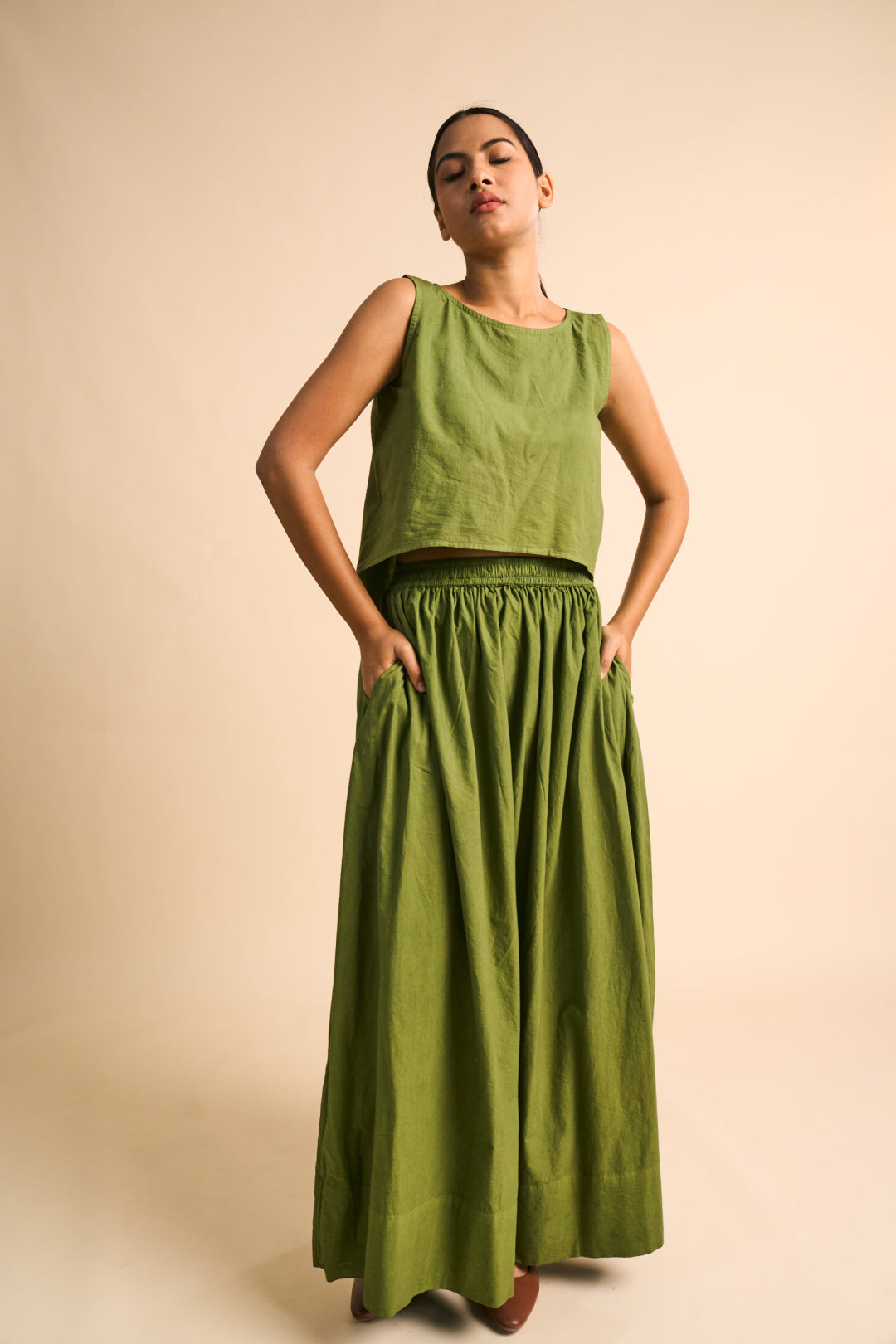 Olive Pleated Maxi Skirt