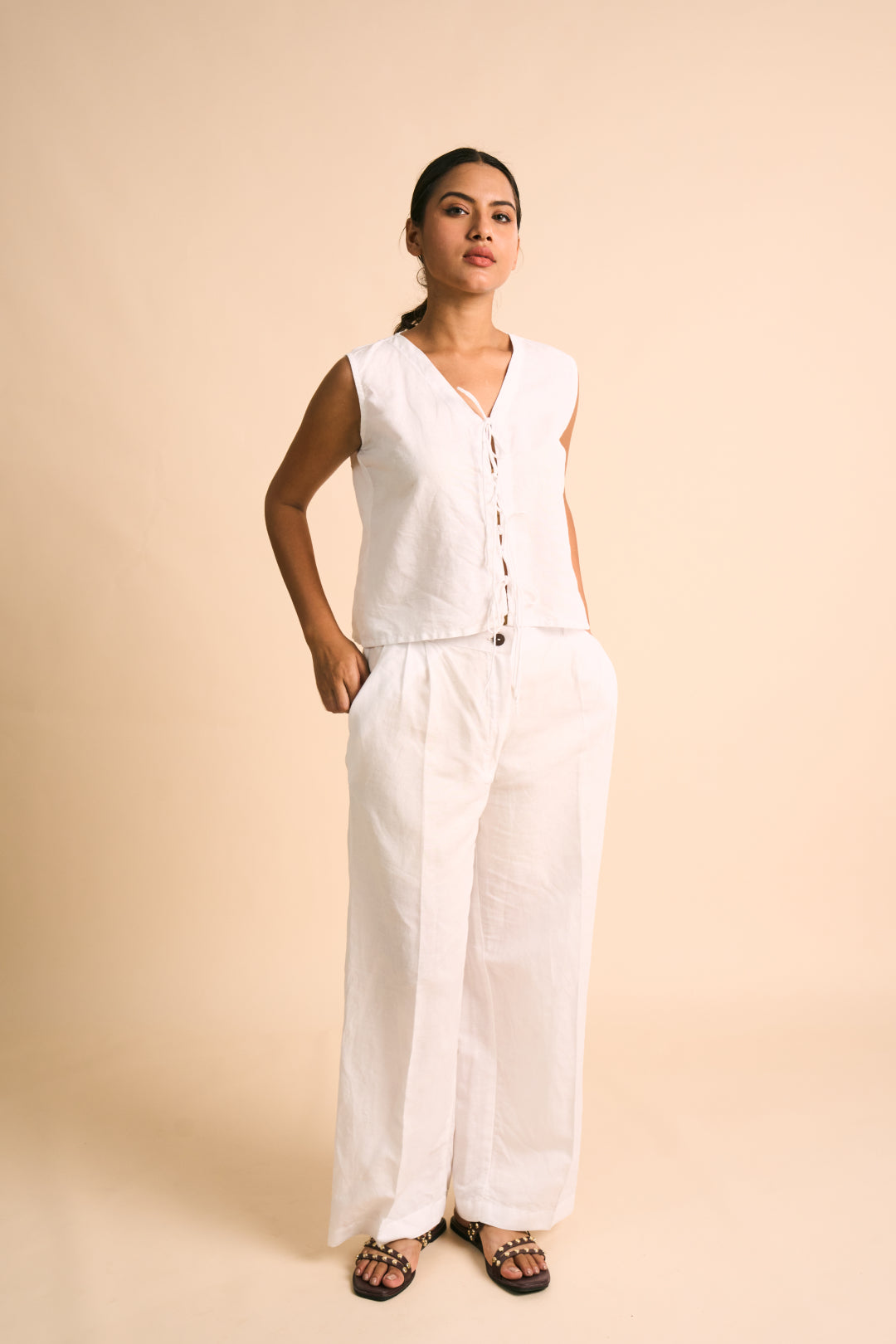 Ecru Tie-Front Linen Top
