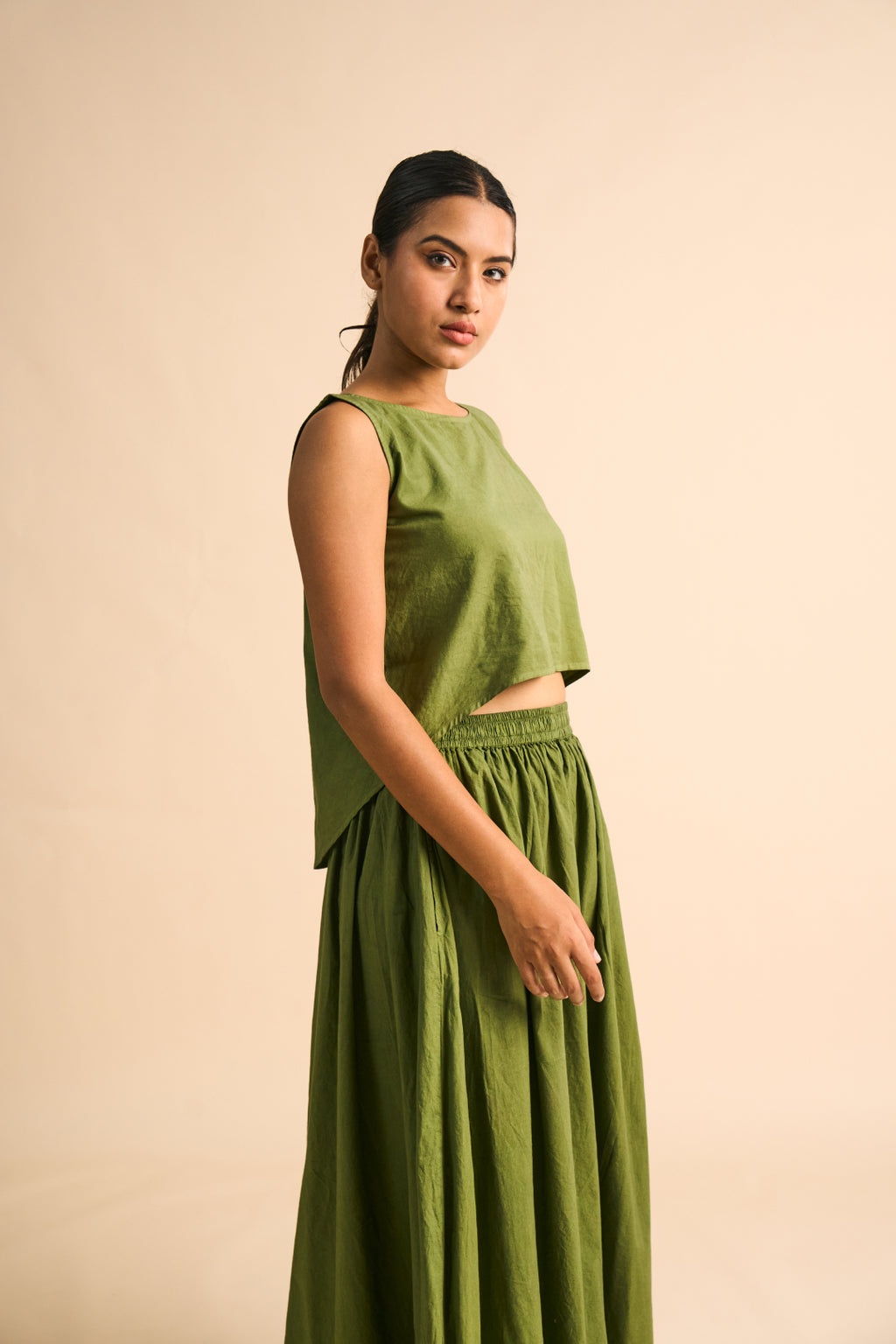 Olive Pleated Maxi Skirt