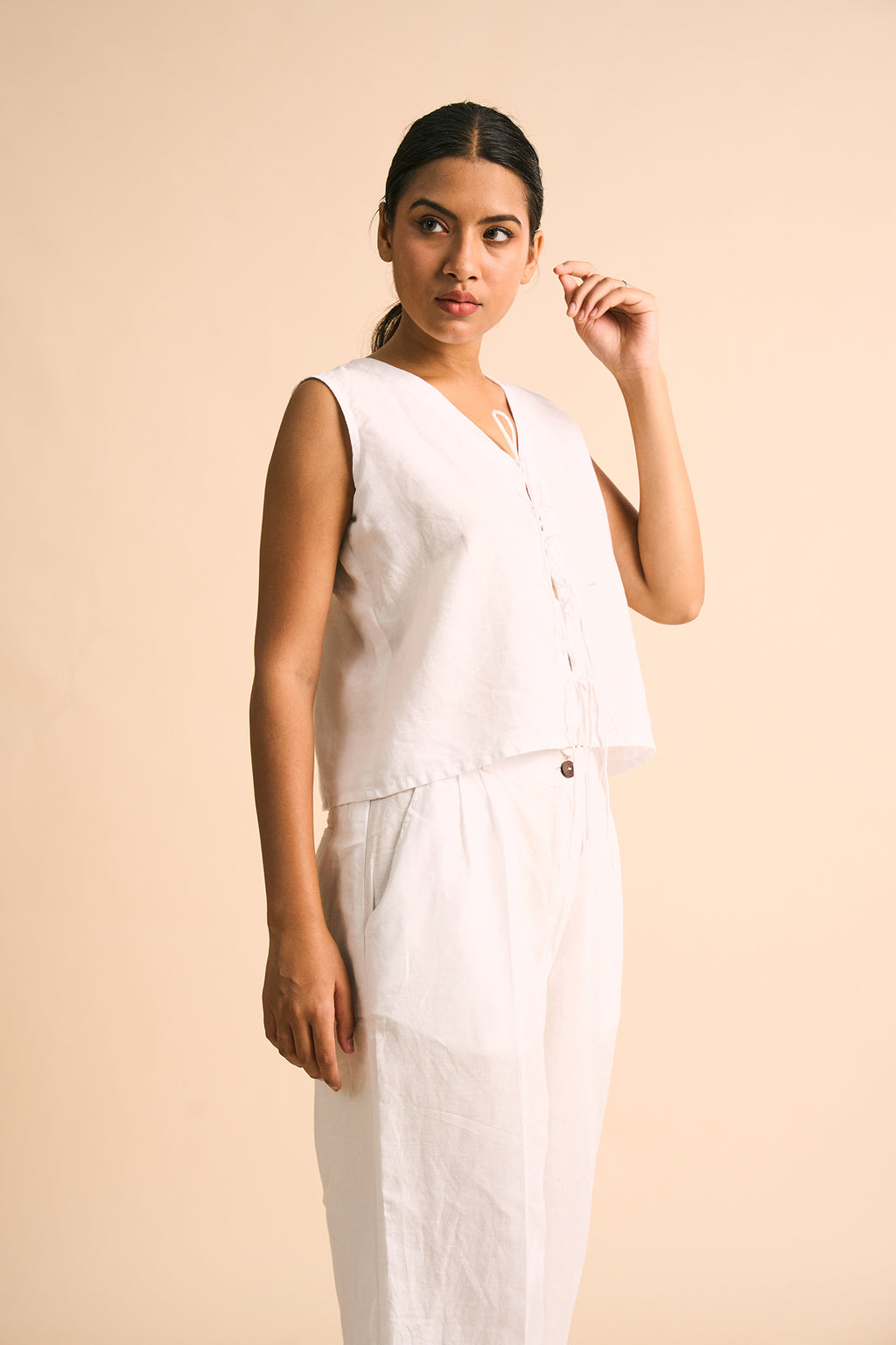 Ecru Wide-Leg Linen Trousers