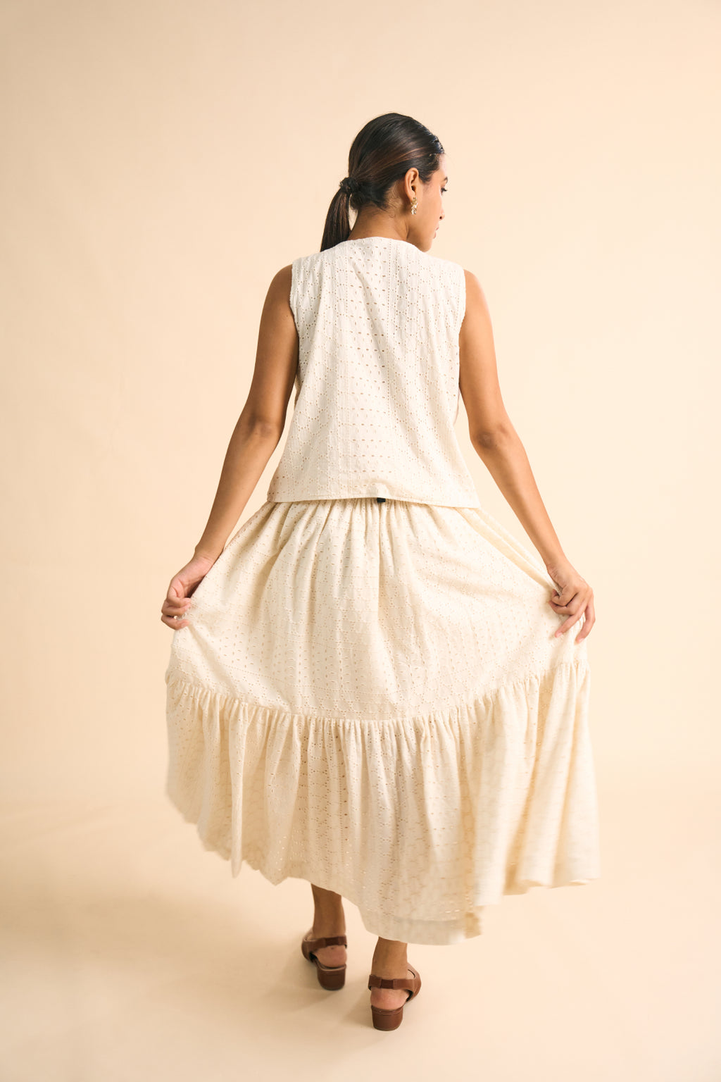 Ivory Schiffli Tie-Front Top