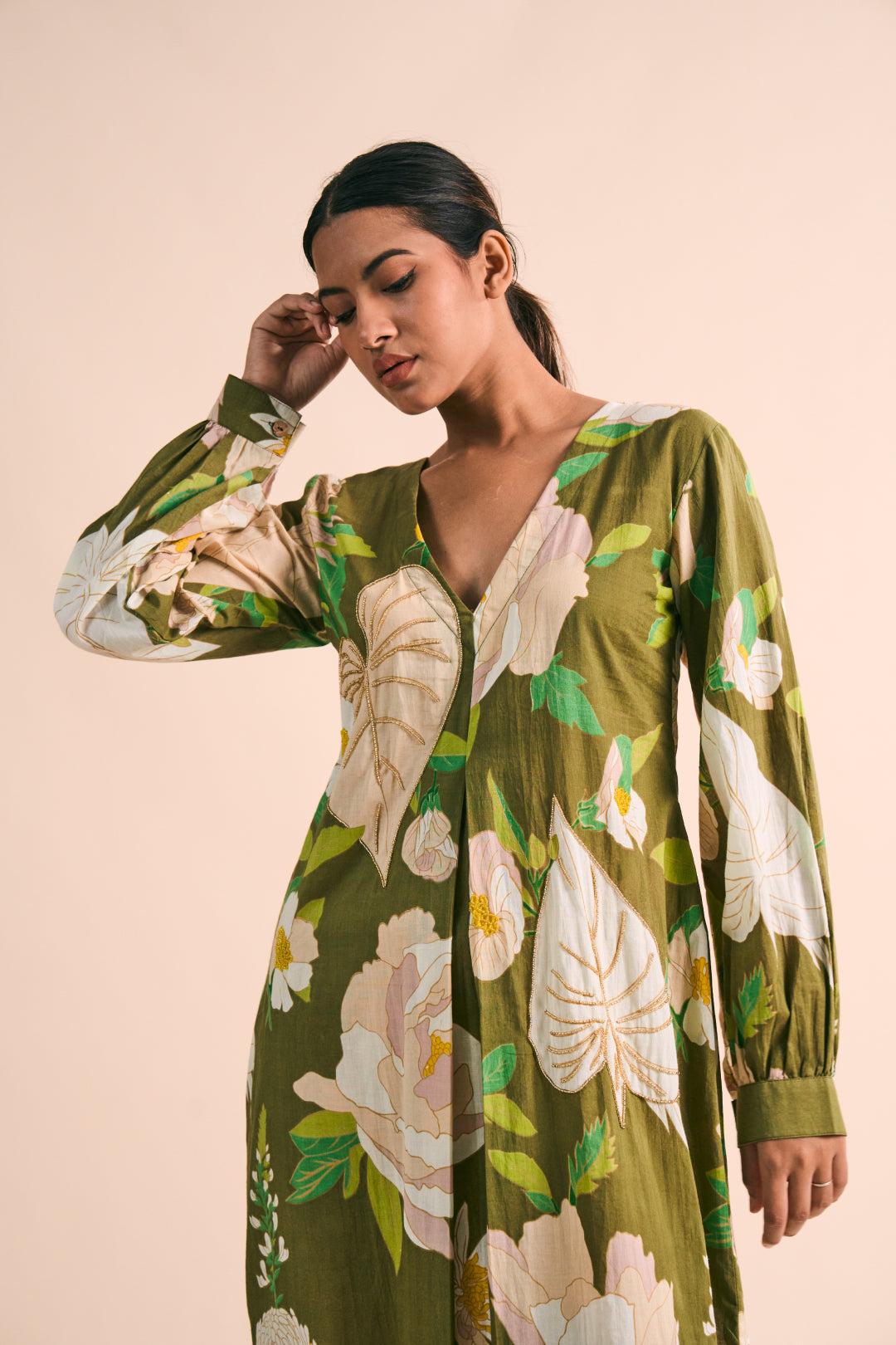 Olive Floral Beaded Maxi Dress