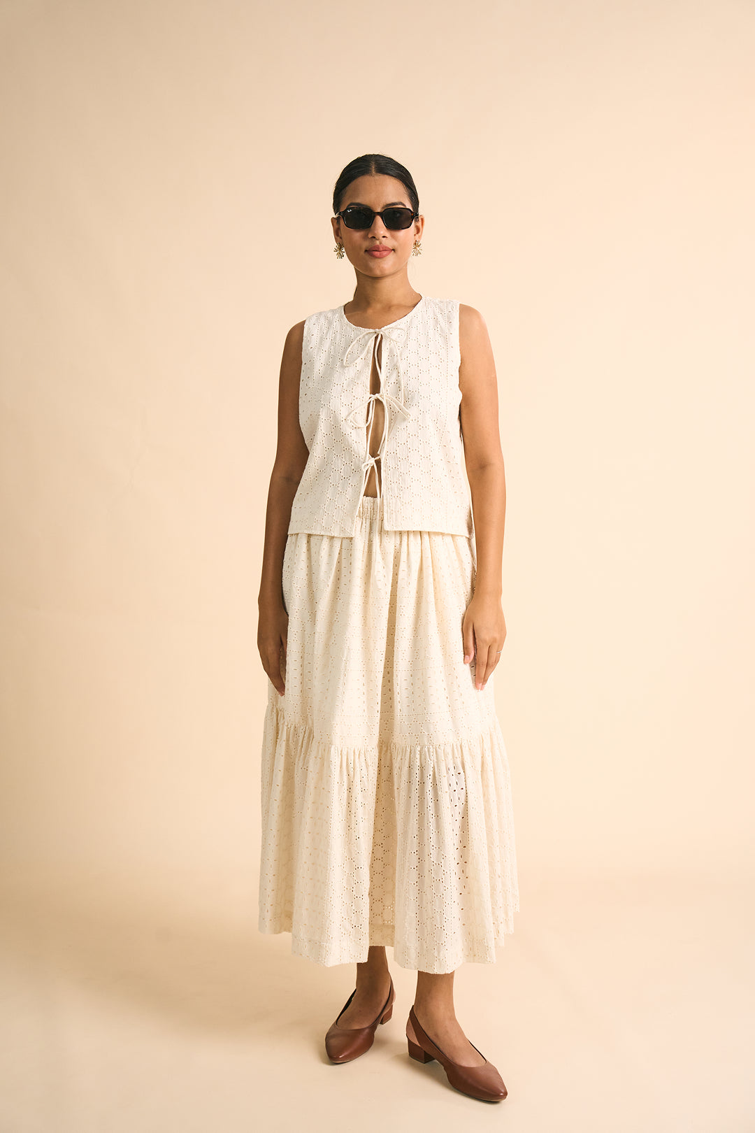 Ivory Schiffli Tie-Front Top