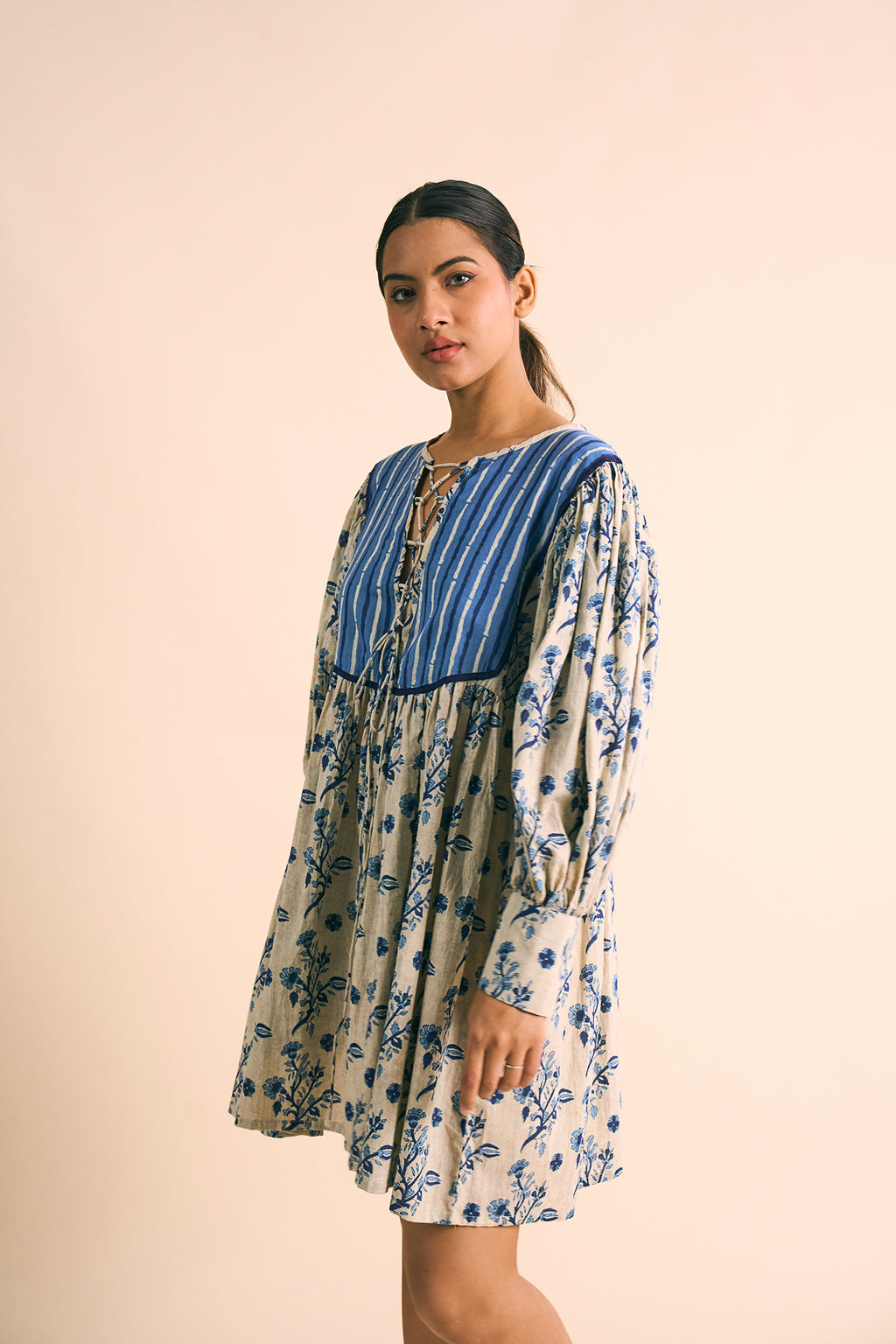 Maya Lace-Up Indigo Dress