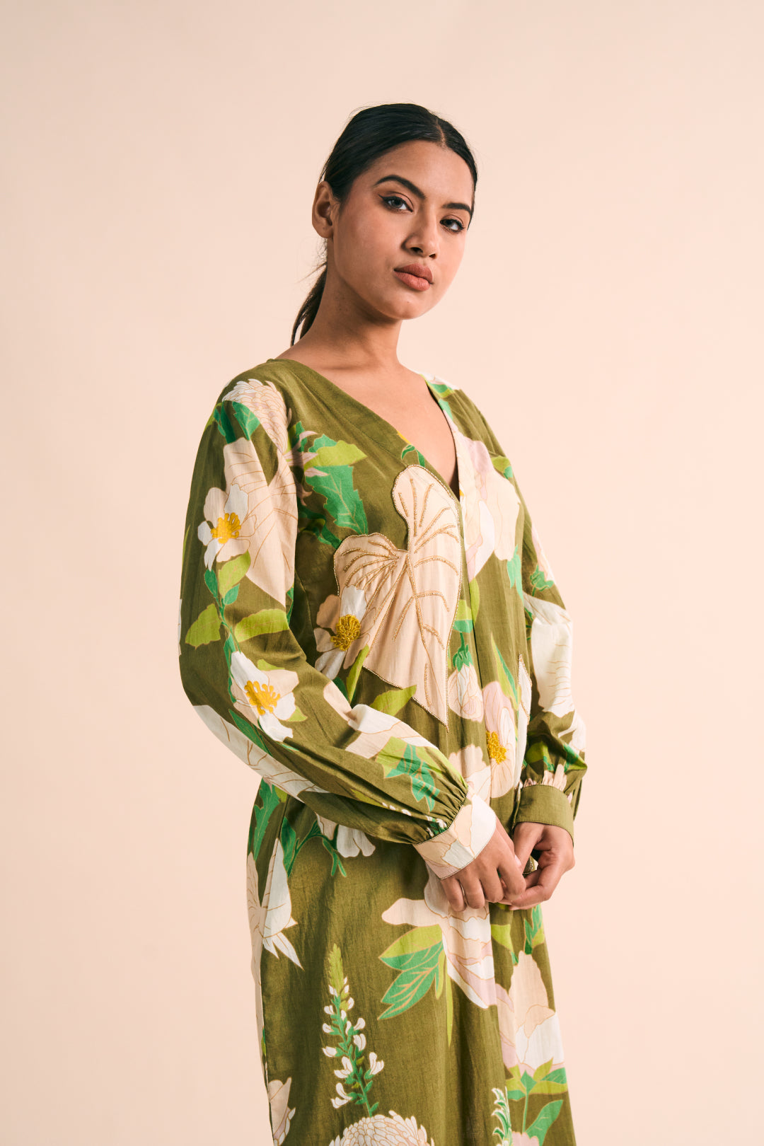 Olive Floral Beaded Maxi Dress