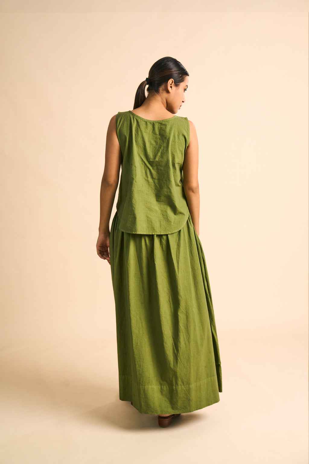 Olive Pleated Maxi Skirt