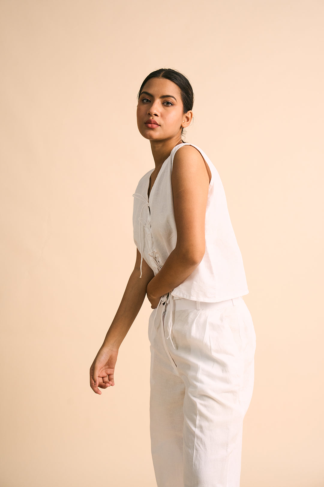 Ecru Tie-Front Linen Top