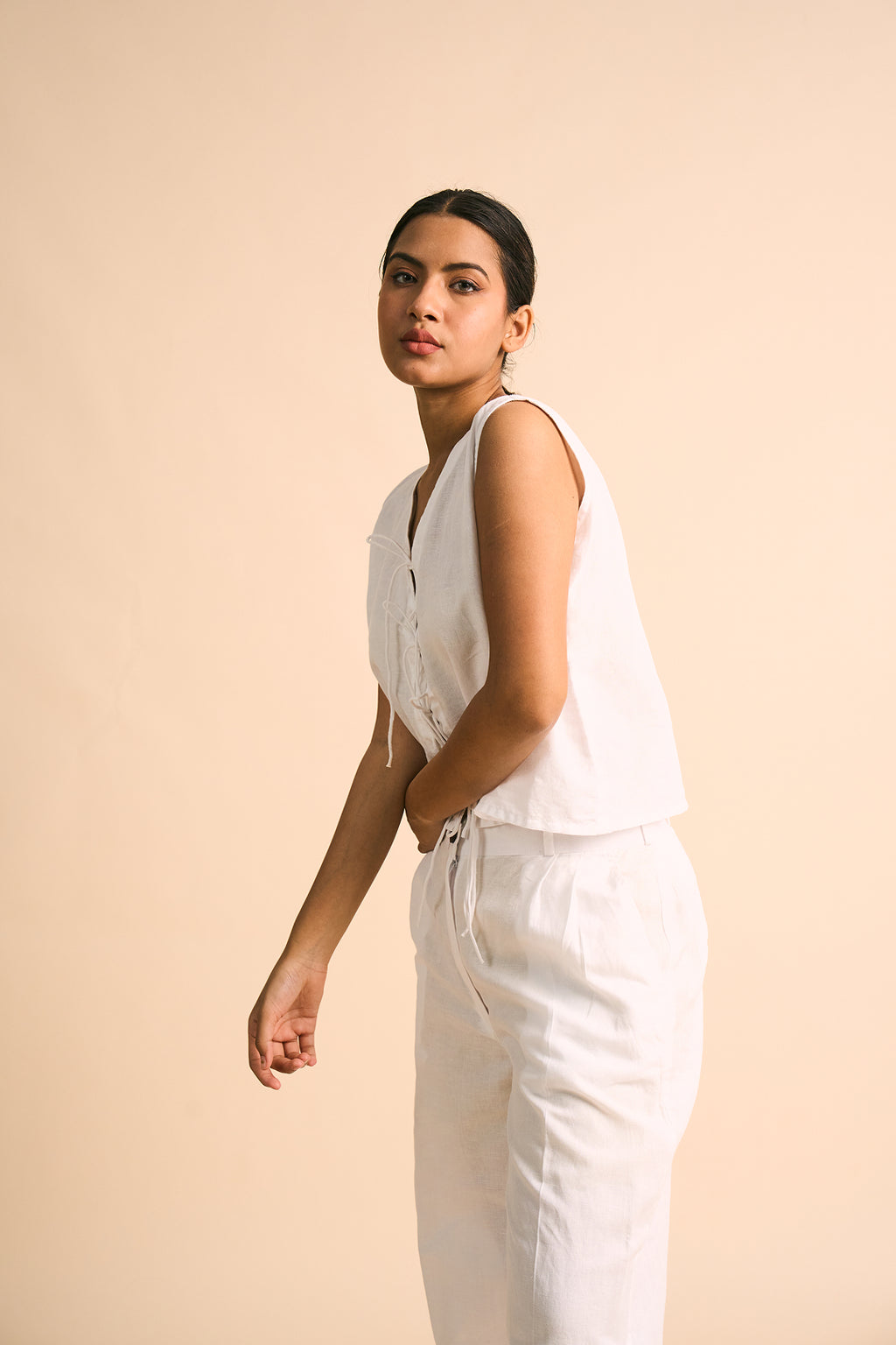 Ecru Wide-Leg Linen Trousers