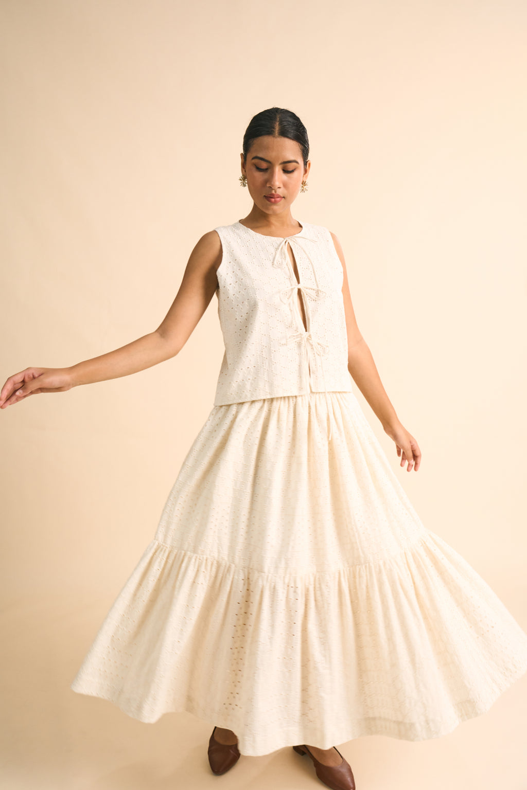 Ivory Schiffli Tie-Front Top