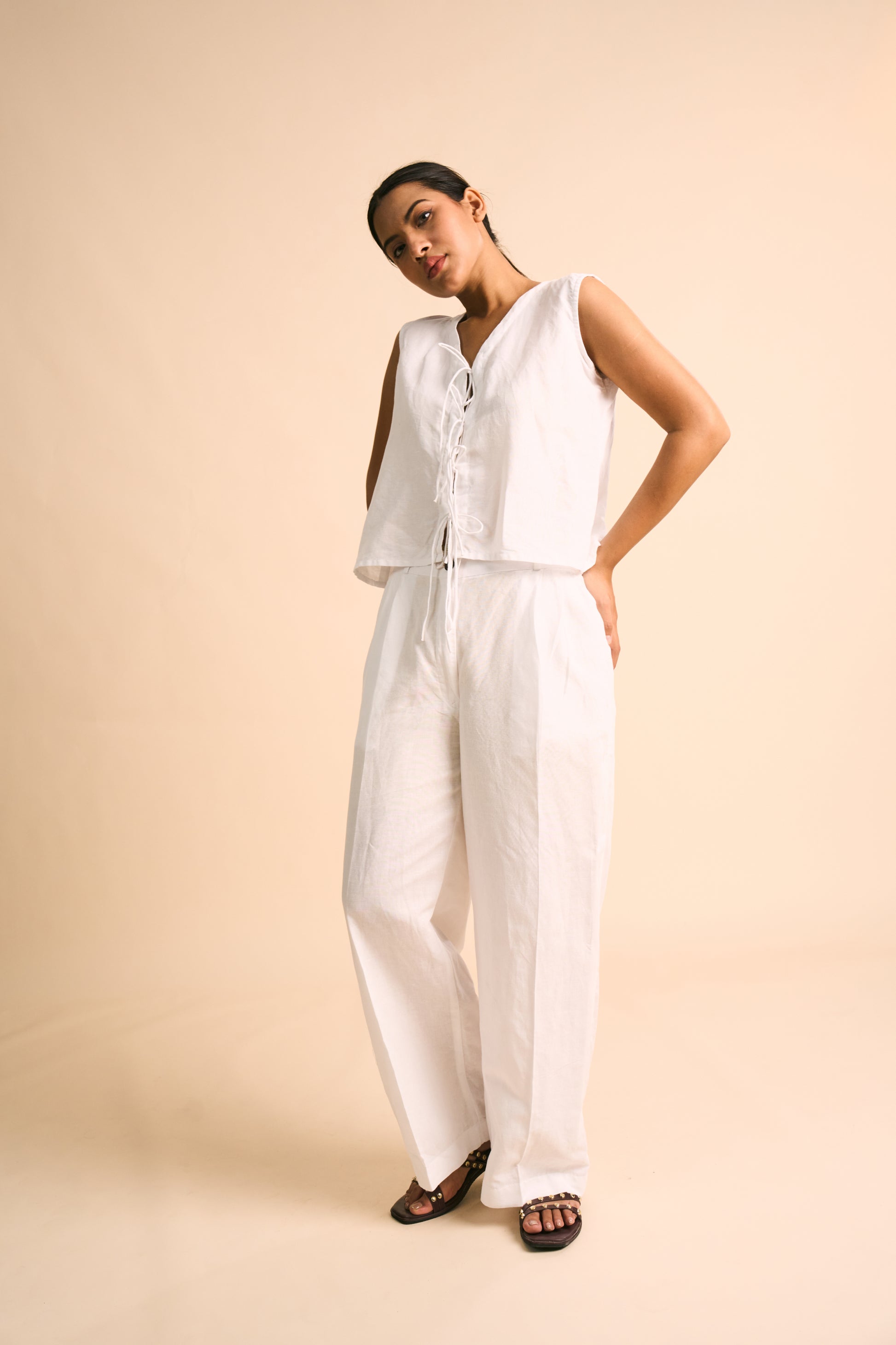 ECRU WIDE-LEG LINEN TROUSERS