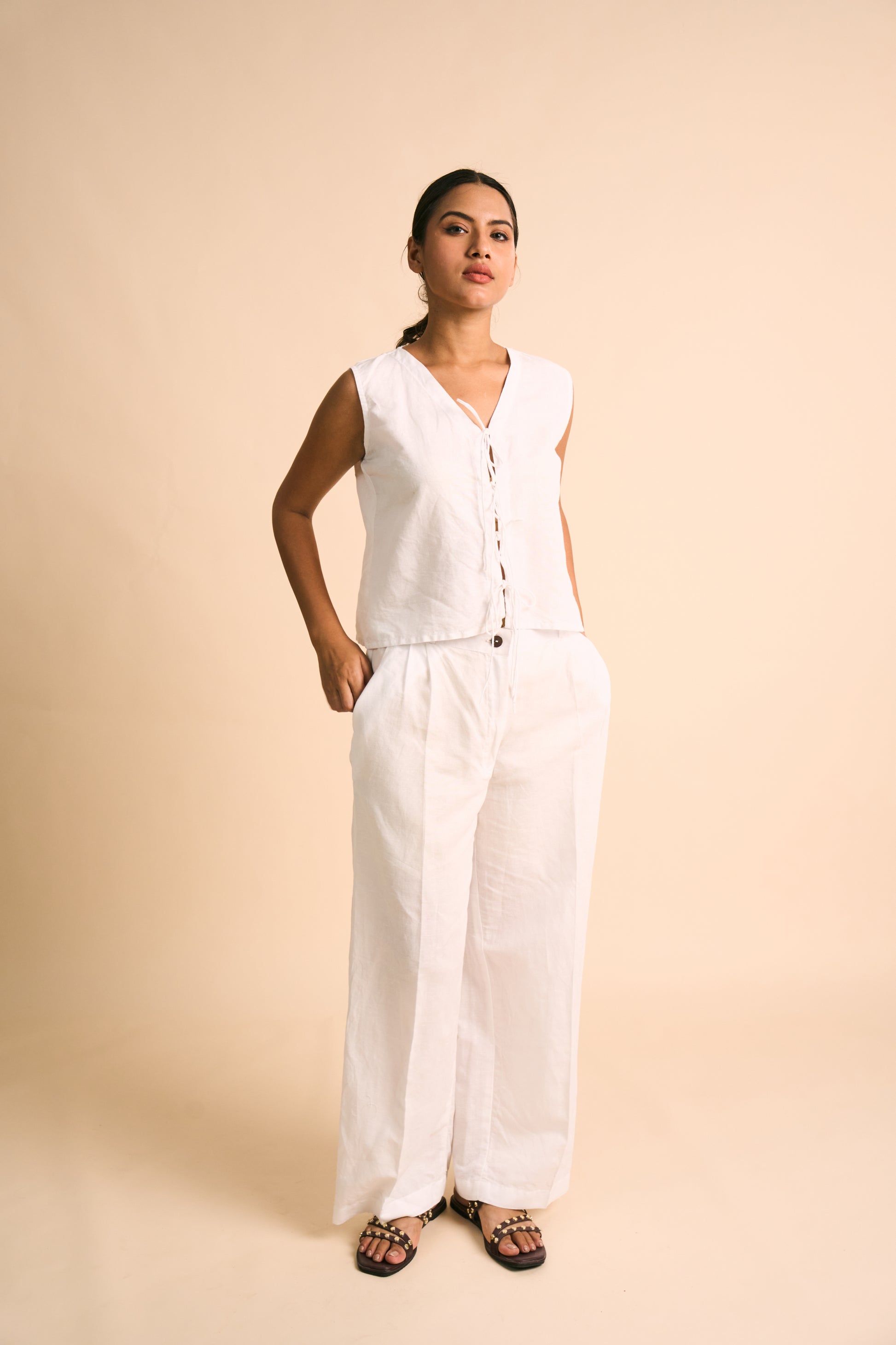 ECRU WIDE-LEG LINEN TROUSERS