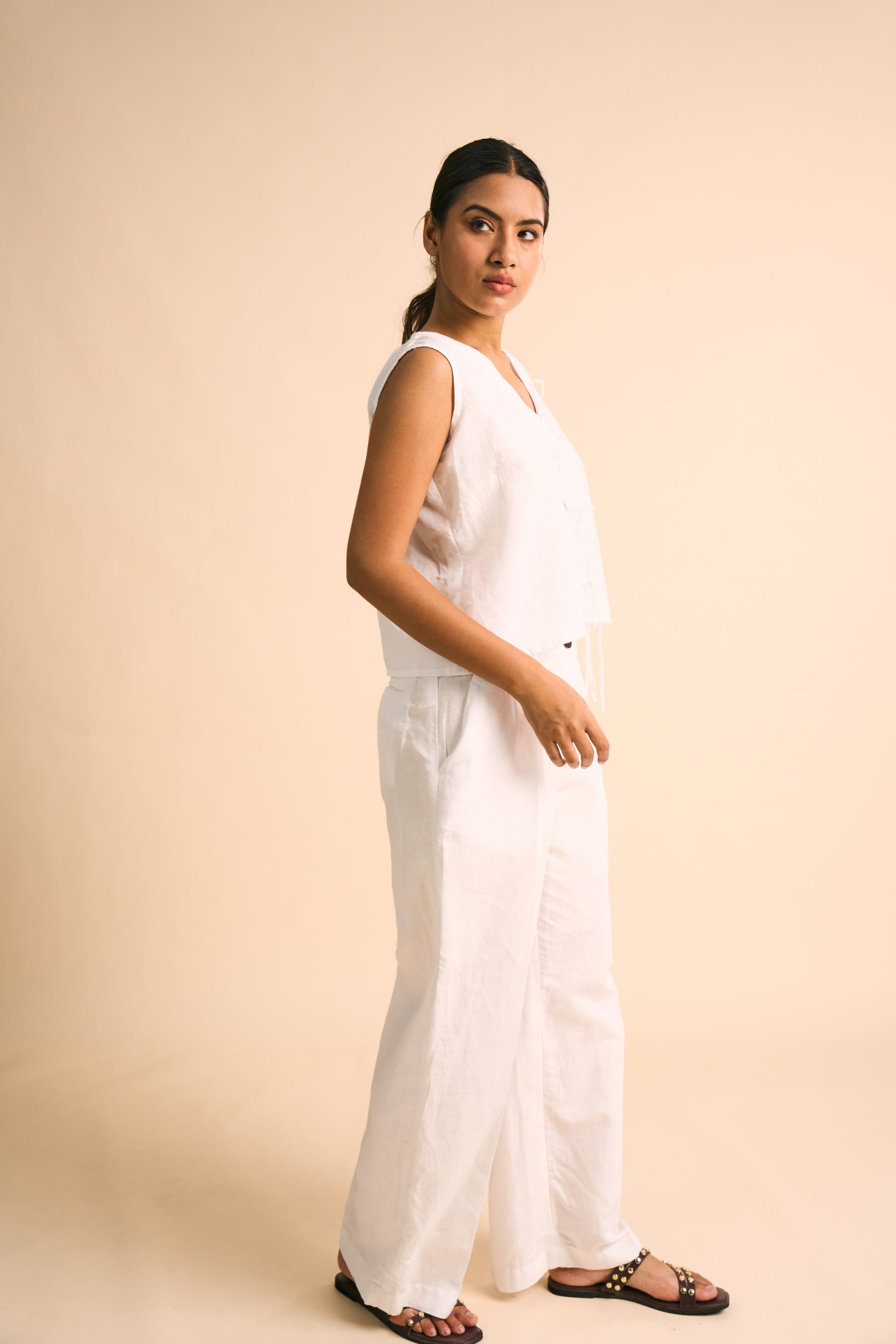ECRU WIDE-LEG LINEN TROUSERS